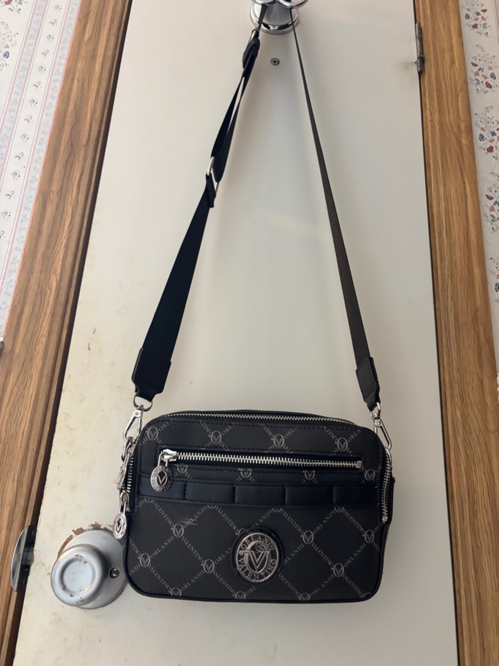 Valentina Black Logo Crossbody with Silver Hardware